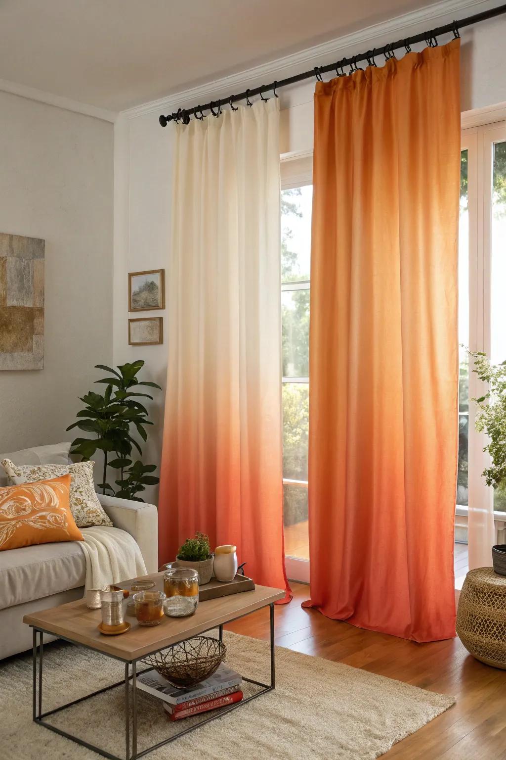 Captivating gradient effect with orange window coverings adding a surprise detail.