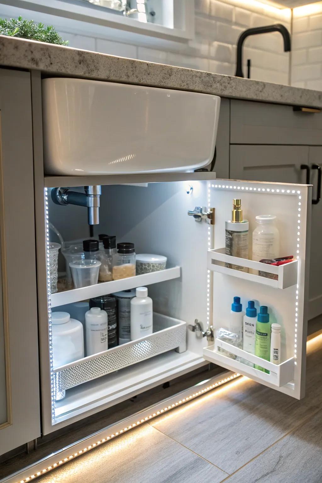 LED lights brighten your under-sink storage area.