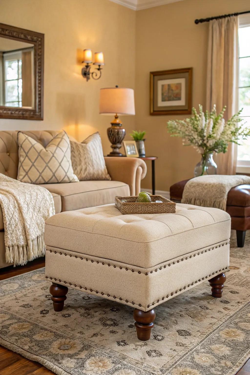 An ottoman in soft neutral tones offers understated sophistication.