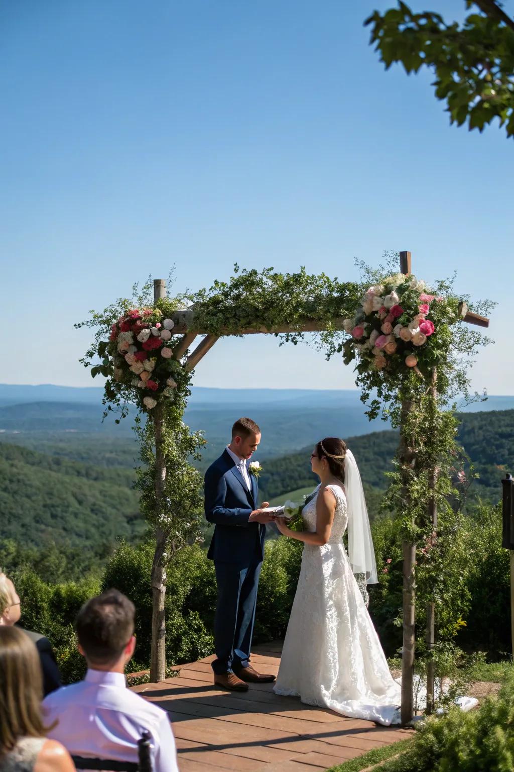 A breathtaking vista serves as the flawless scenery for a wedding ceremony.