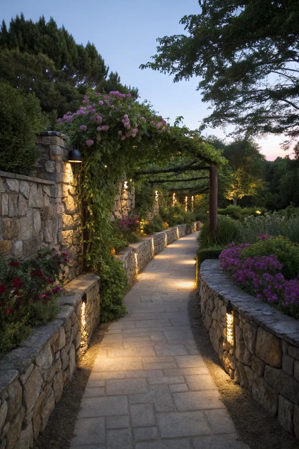 Lit walkways enhance twilight garden experiences.