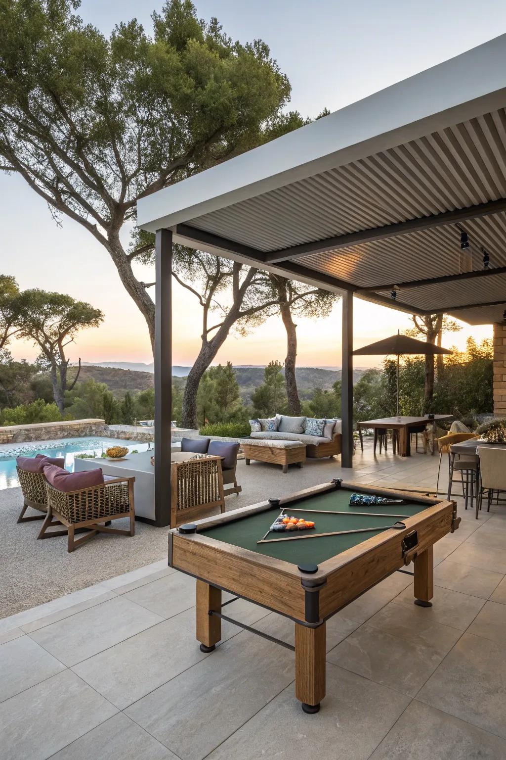 An adaptable open-air billiard table precinct, bedecked with versatile furnishings.