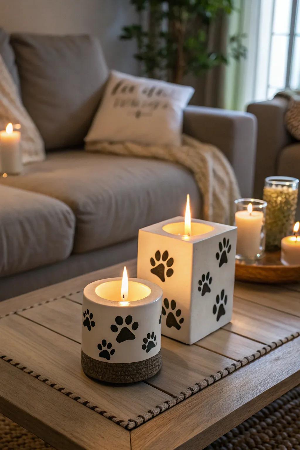 Ornamental paw candle holders casting a warm glow.
