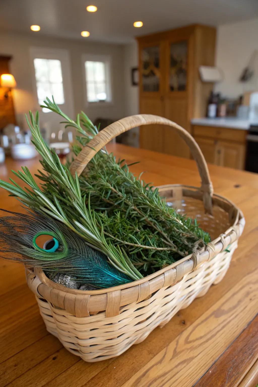 A sensory centerpiece featuring herbs and plume bird quills.