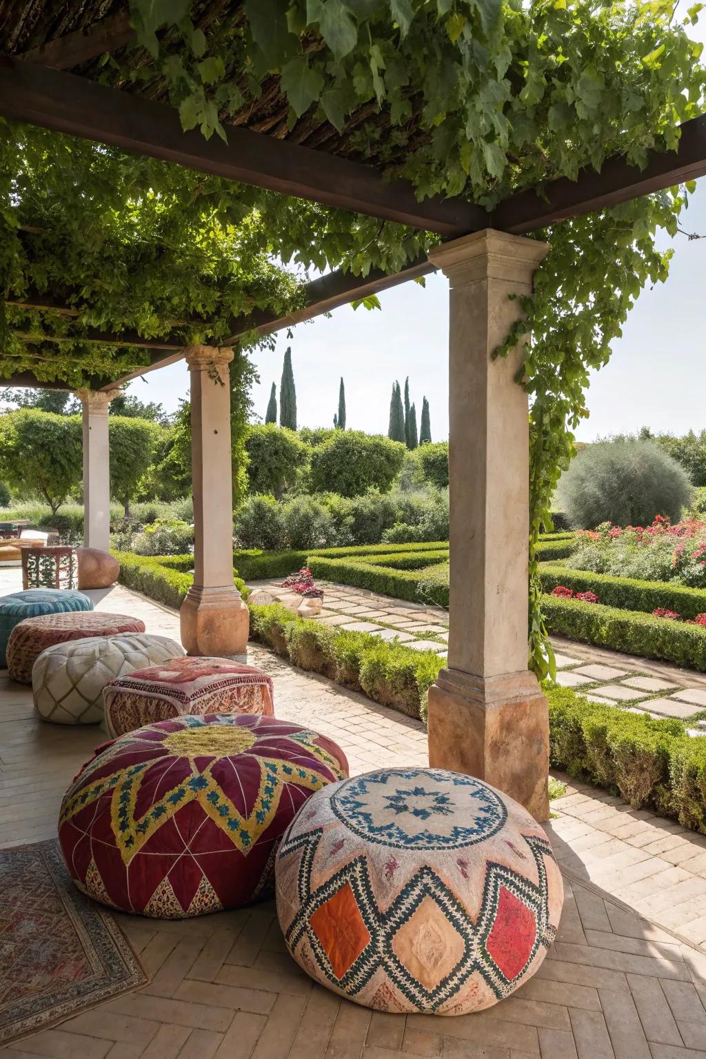 Mediterranean poufs add a seating and an exotic touch.