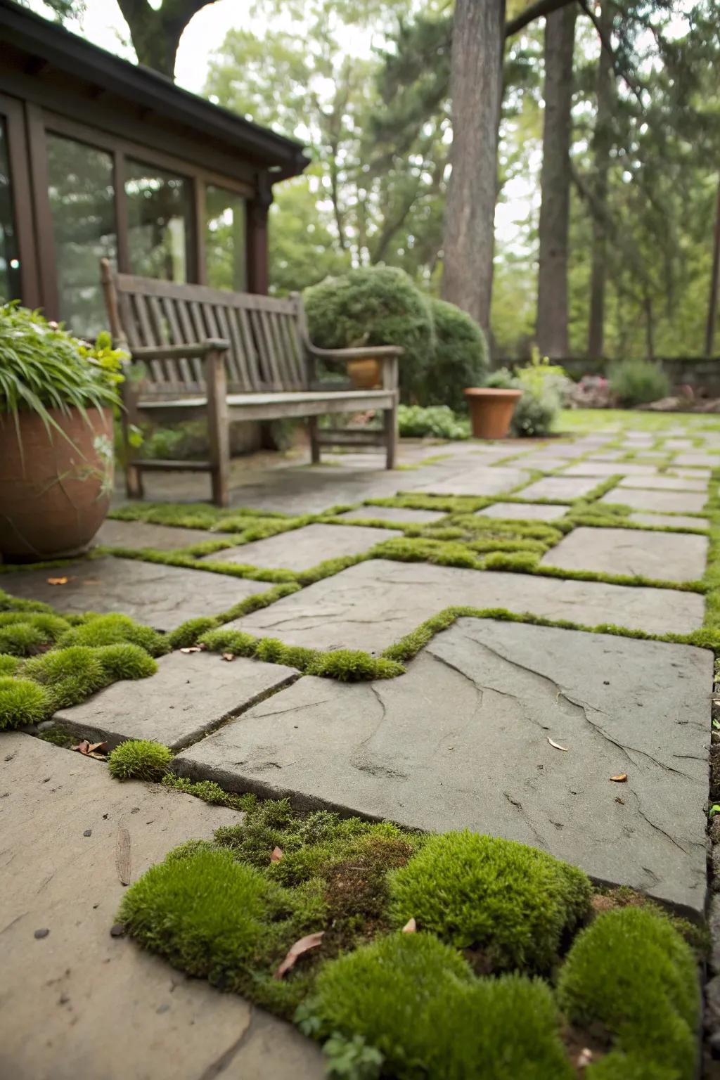 Moss lends a magical touch to permeable patios.