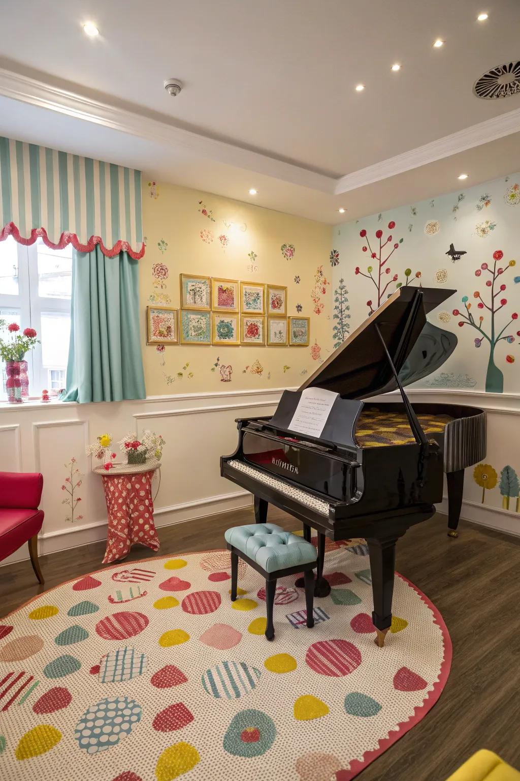 Whimsical features add character and joy to the piano area.