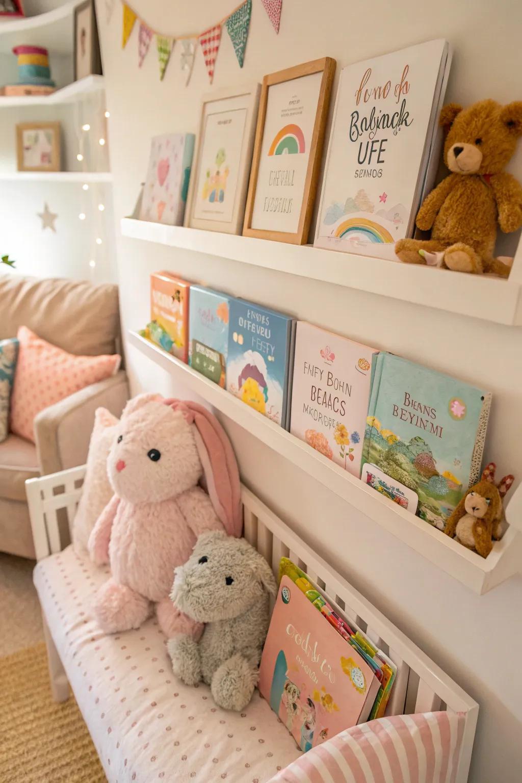 A nursery display ledge introduces charm and practicality.