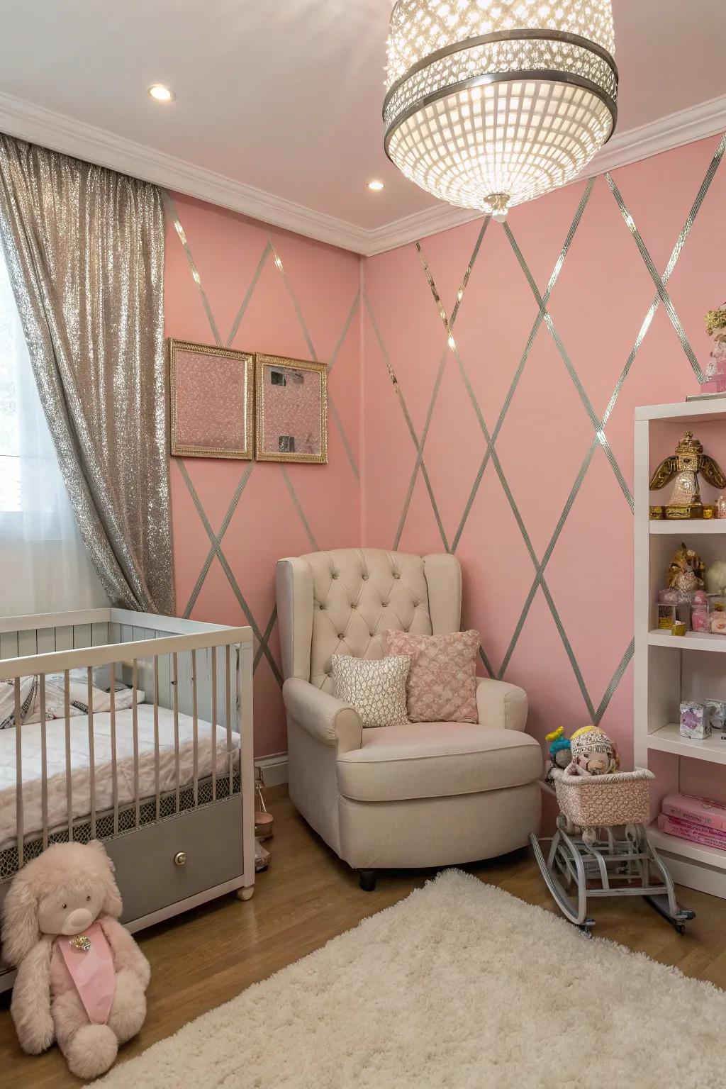 An elegant nursery featuring rose walls and metallic highlights.