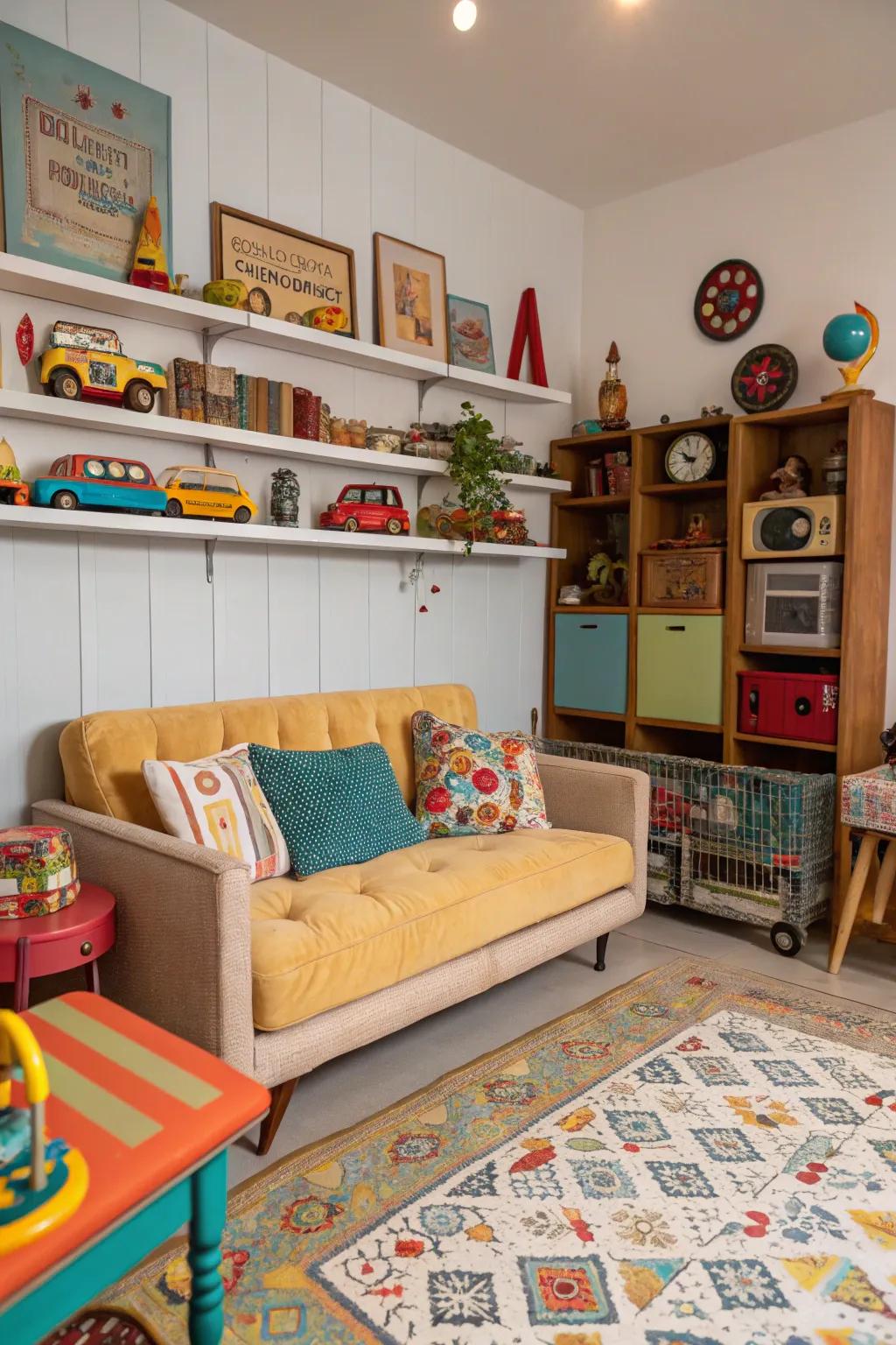 A charming playroom equipped with a retro-inspired sofa.