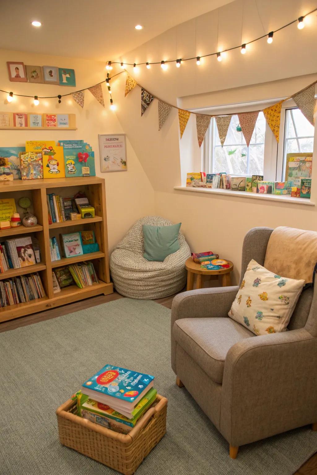 Kids are encouraged to love books in a quiet reading nook.
