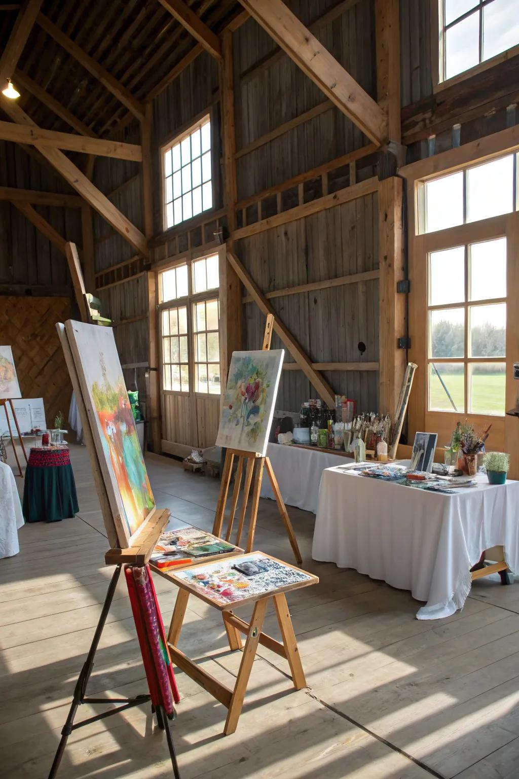 An atelier space in a pole barn with easels and art supplies.