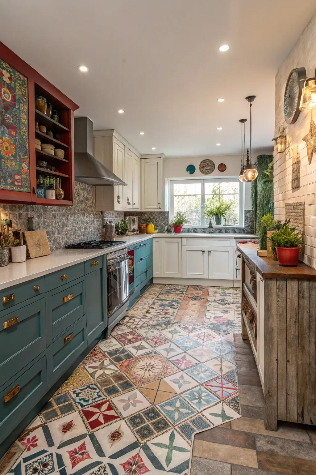 Blending textures establishes a vibrant and individualized kitchen floor.