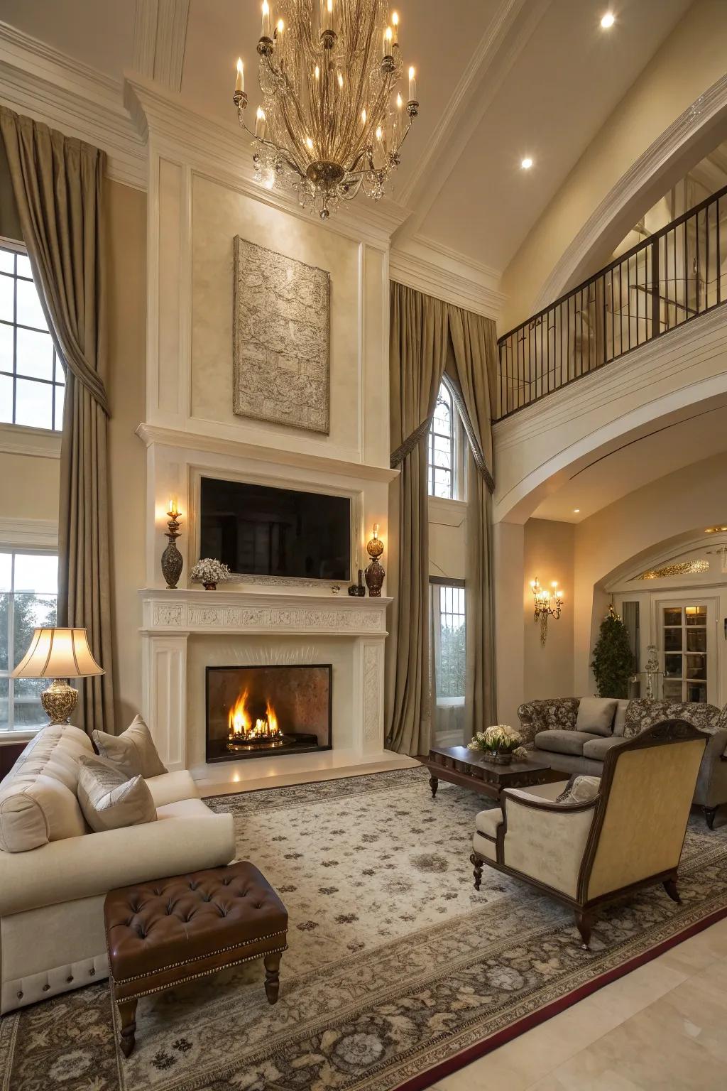 A grand living space featuring a double-height propane fireplace.
