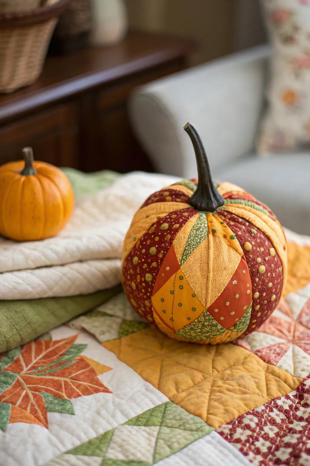 Patchwork pumpkins infuse a quilt-like charm into autumn.