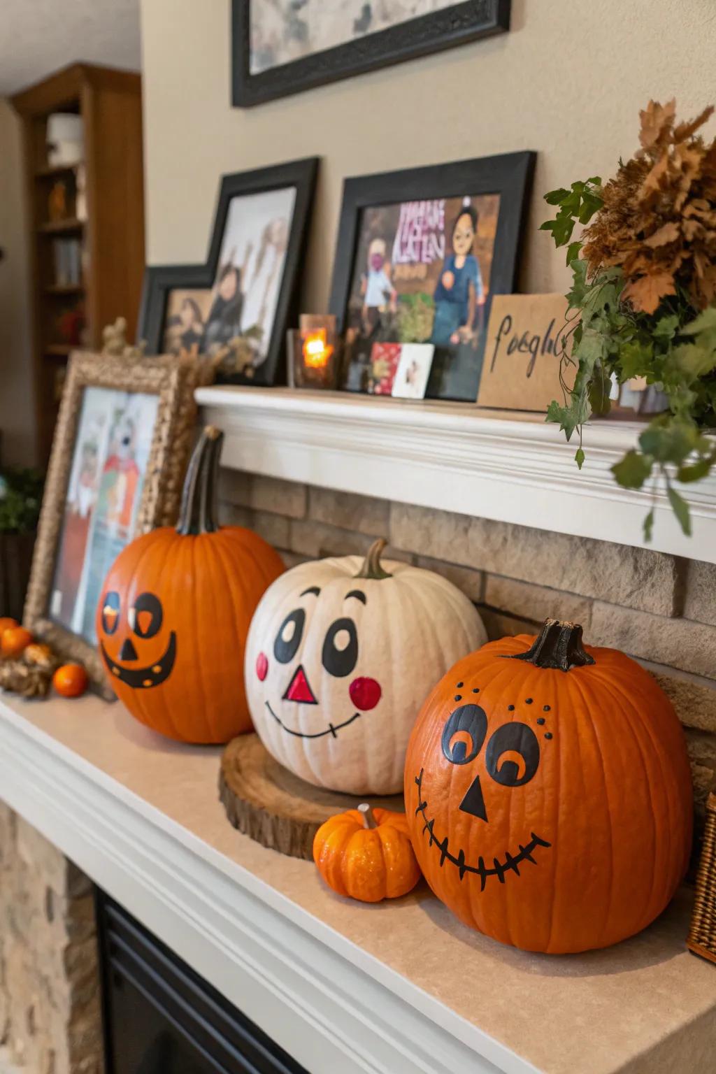 Visage paint pumpkins exhibiting whimsical motifs.