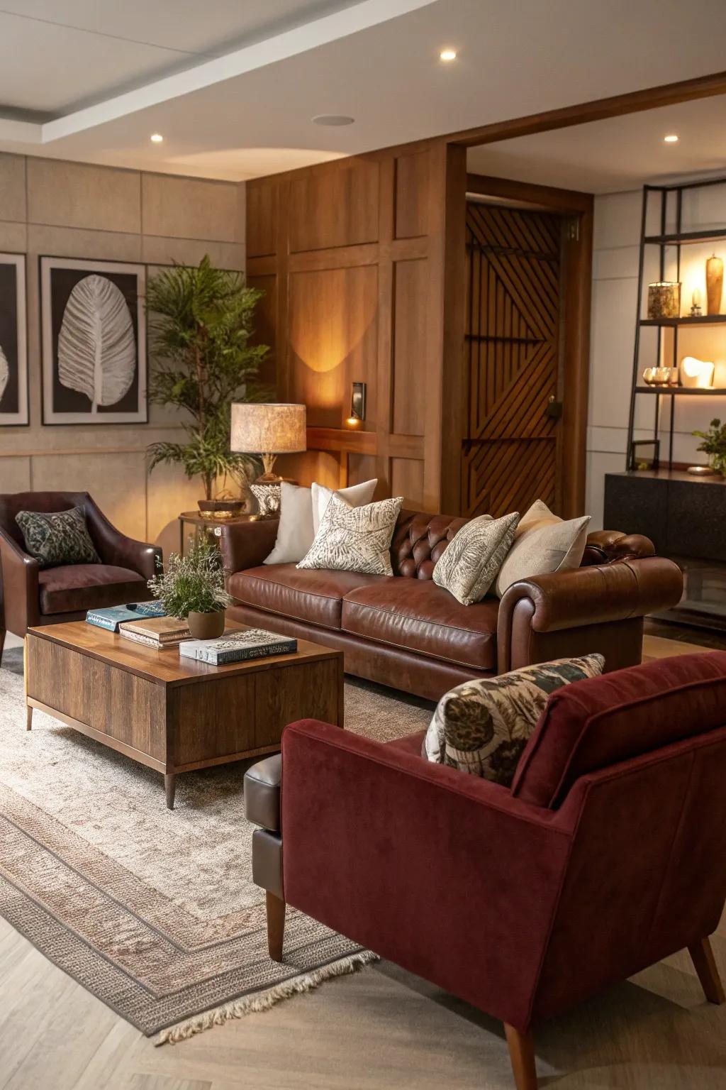 Materials contribute depth and tactile interest to the setting.