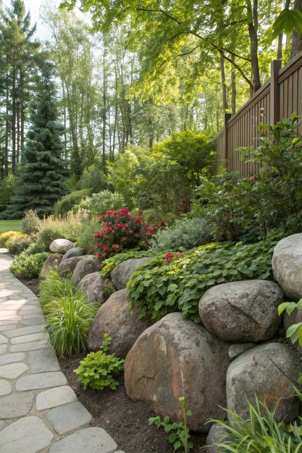 Stones provide privacy and a natural aesthetic.