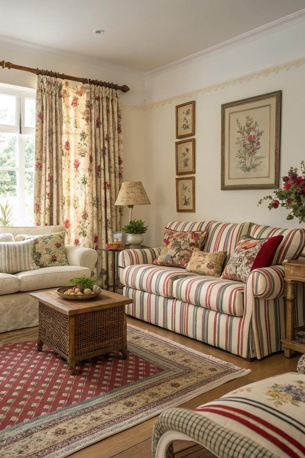 Combining patterns can generate an eclectic, unified space.