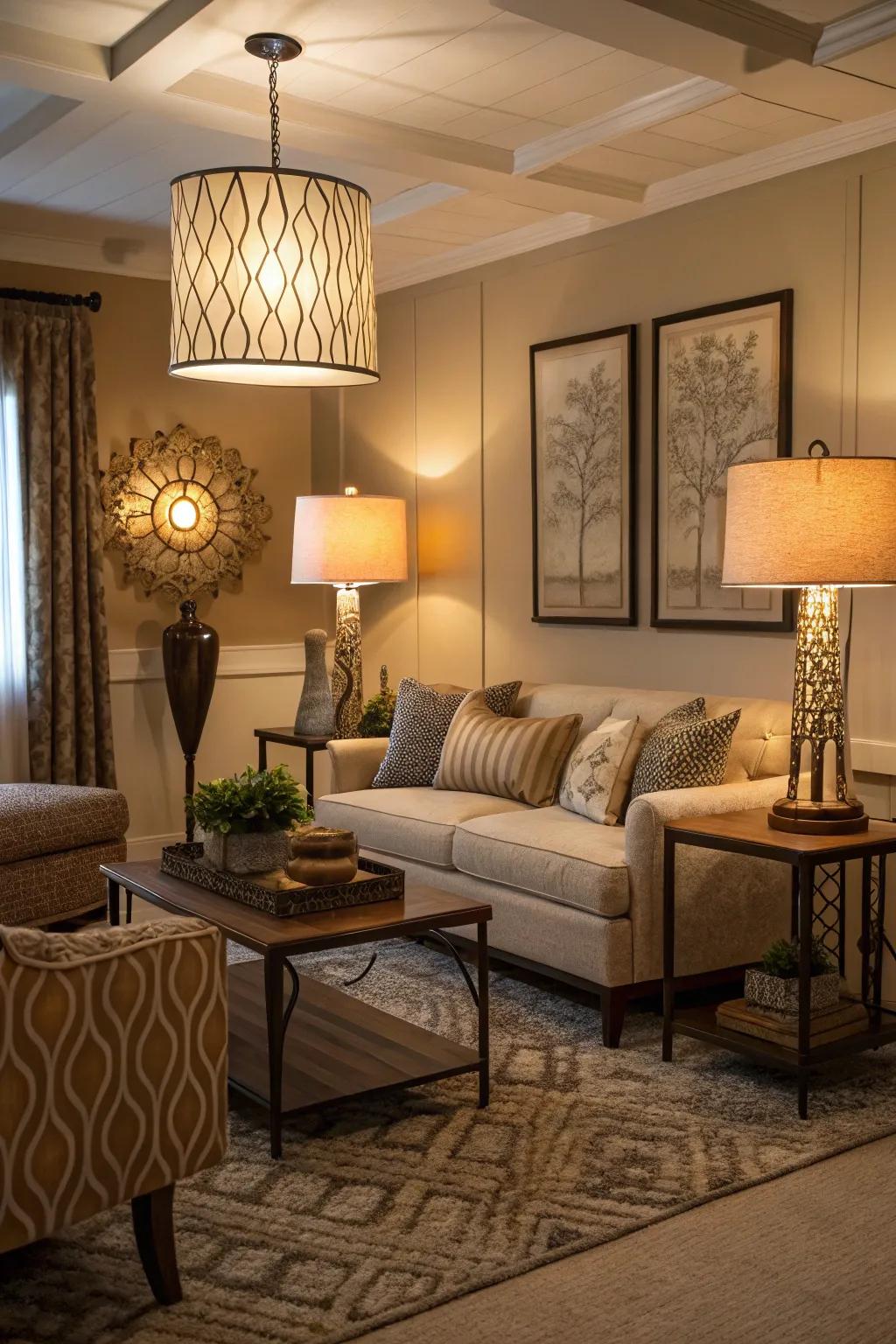 A room with diverse lighting through layered sources.