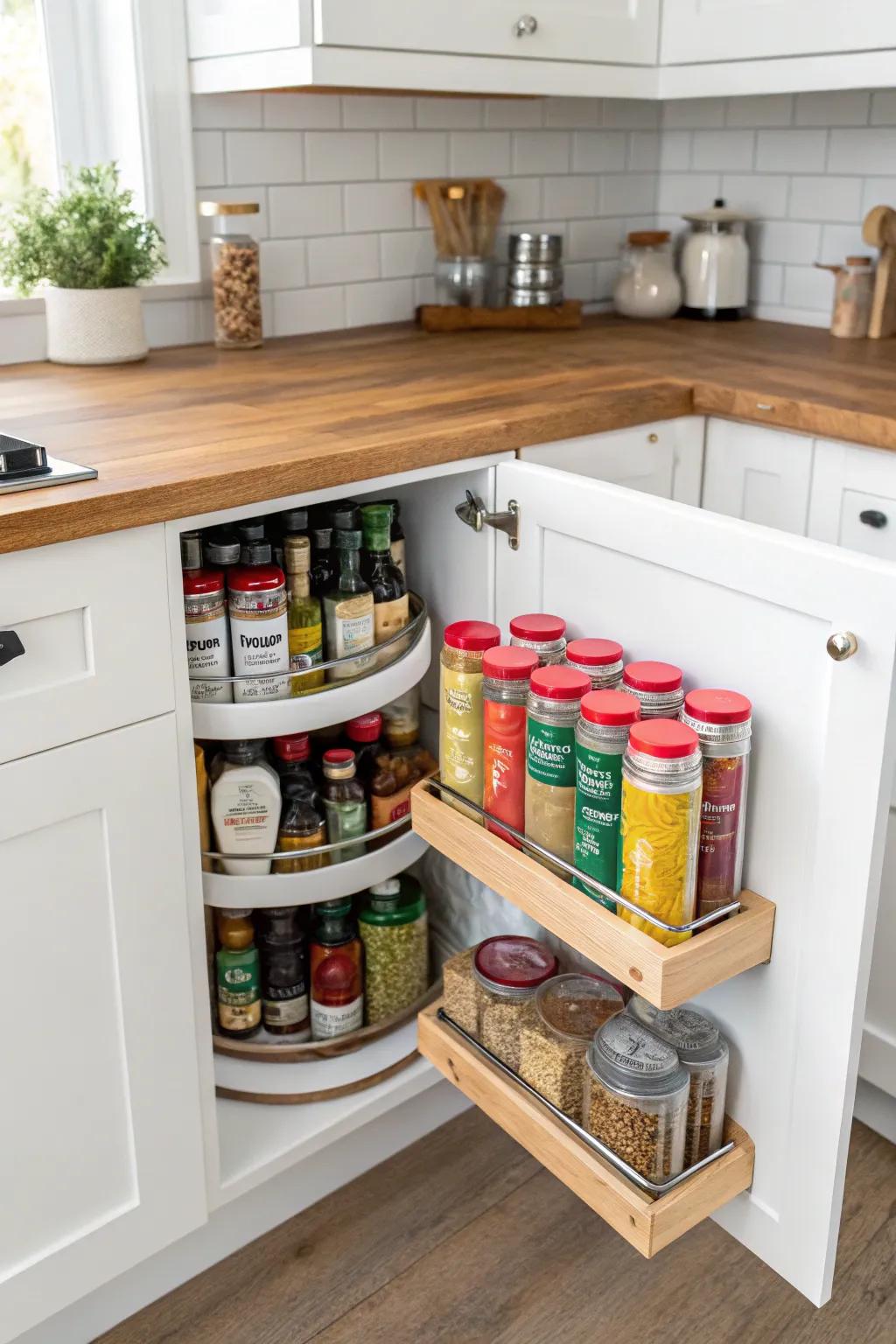Lazy Susans make cabinet organization straightforward and efficient.