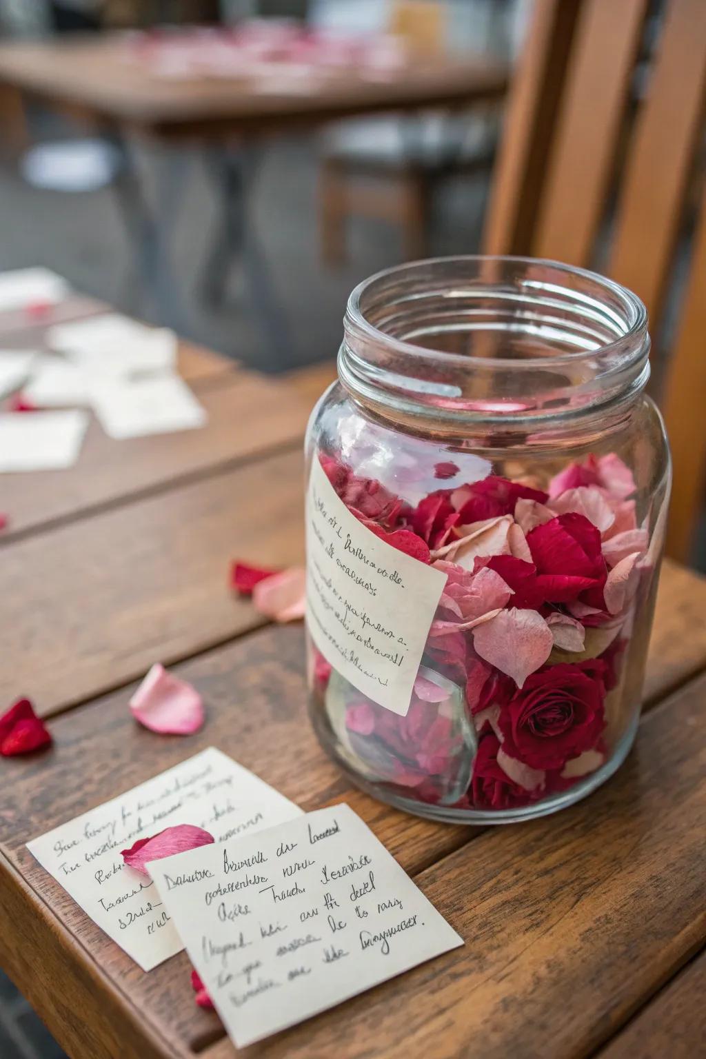 A remembrance jar filled with floral adornments and special notes