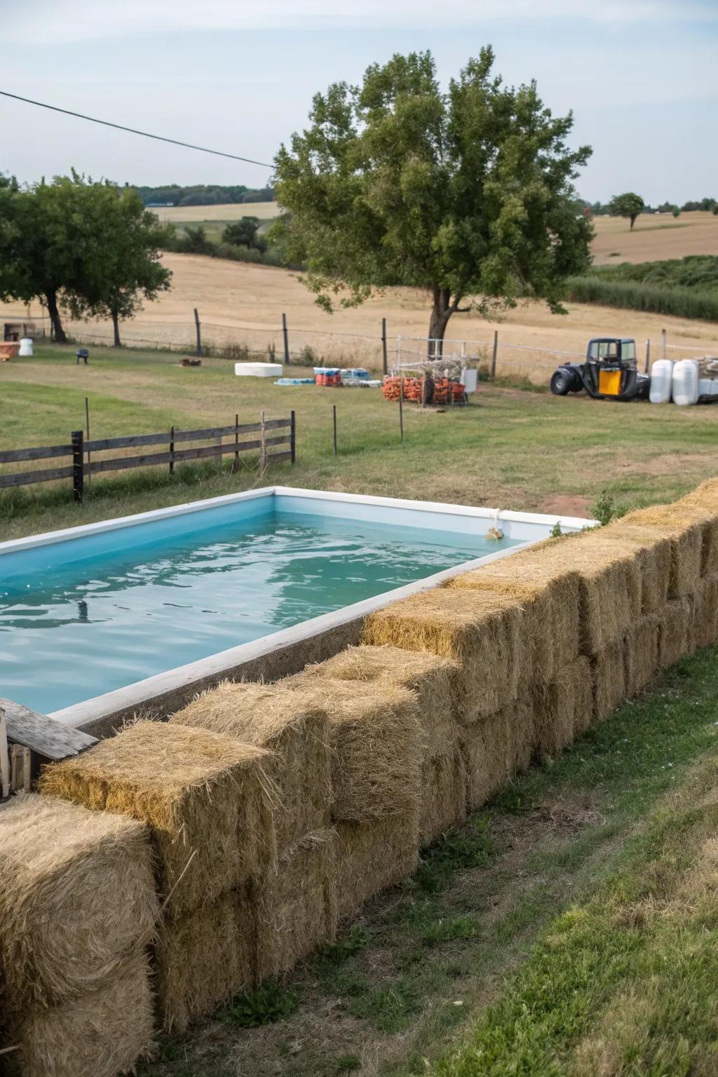 Hay rolls crafting a provisional, countryside farm-style pool fence.