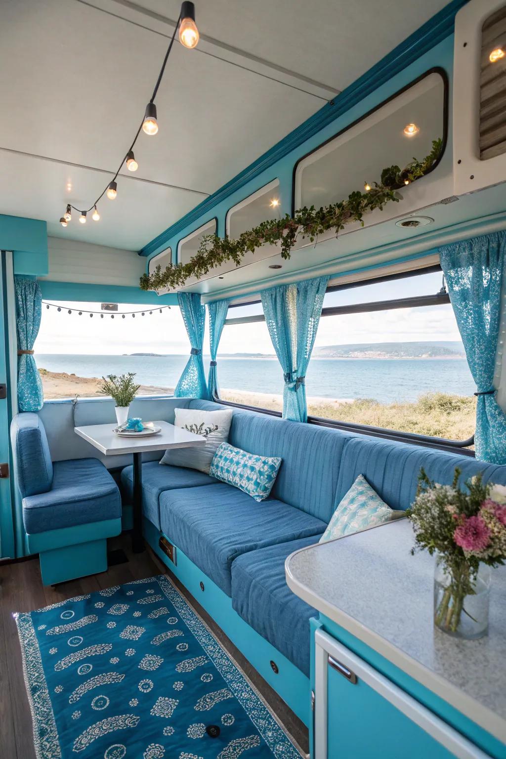 Tranquil blues craft a peaceful RV retreat.