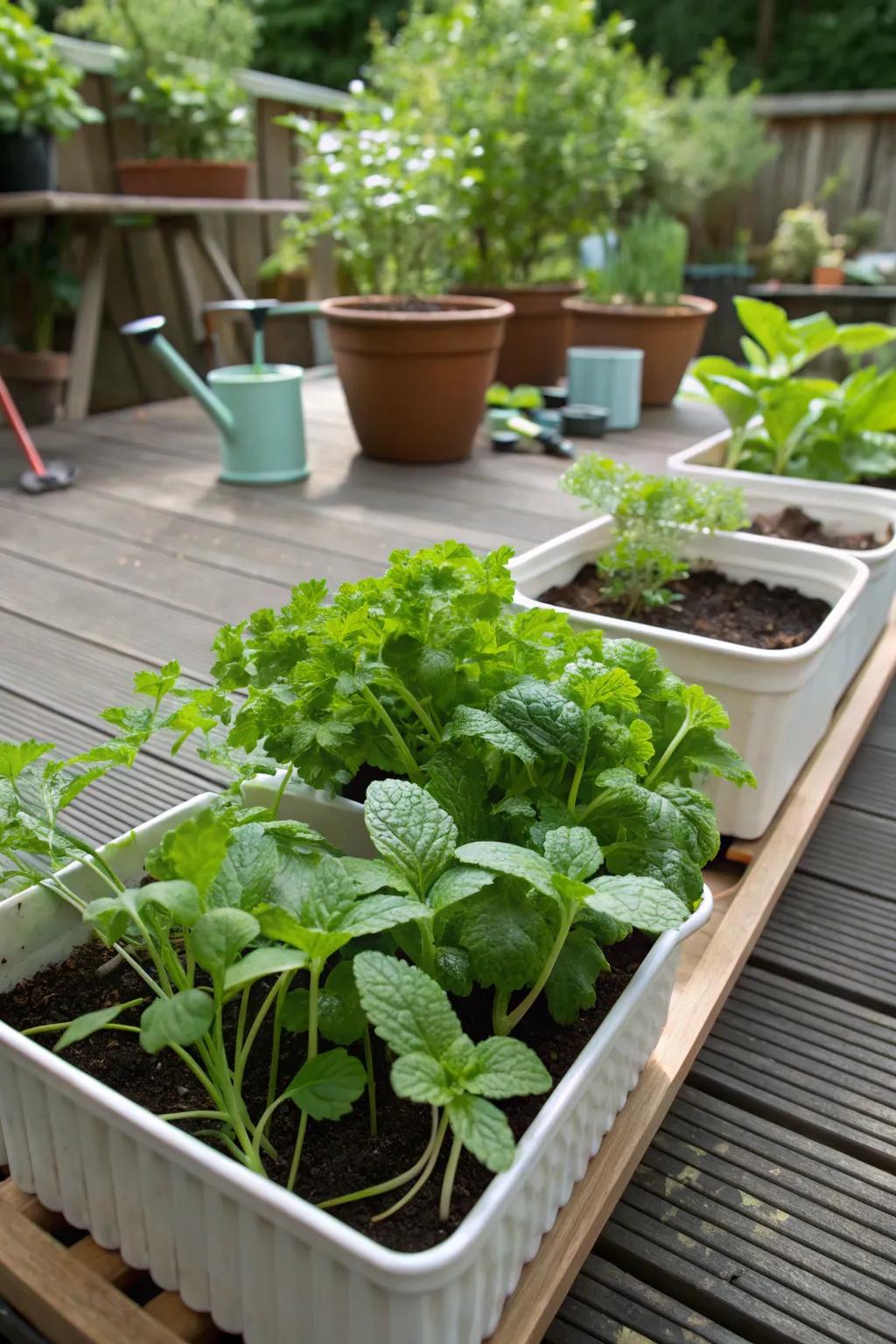 A nourishing shaded garden featuring containers of mint and parsley.