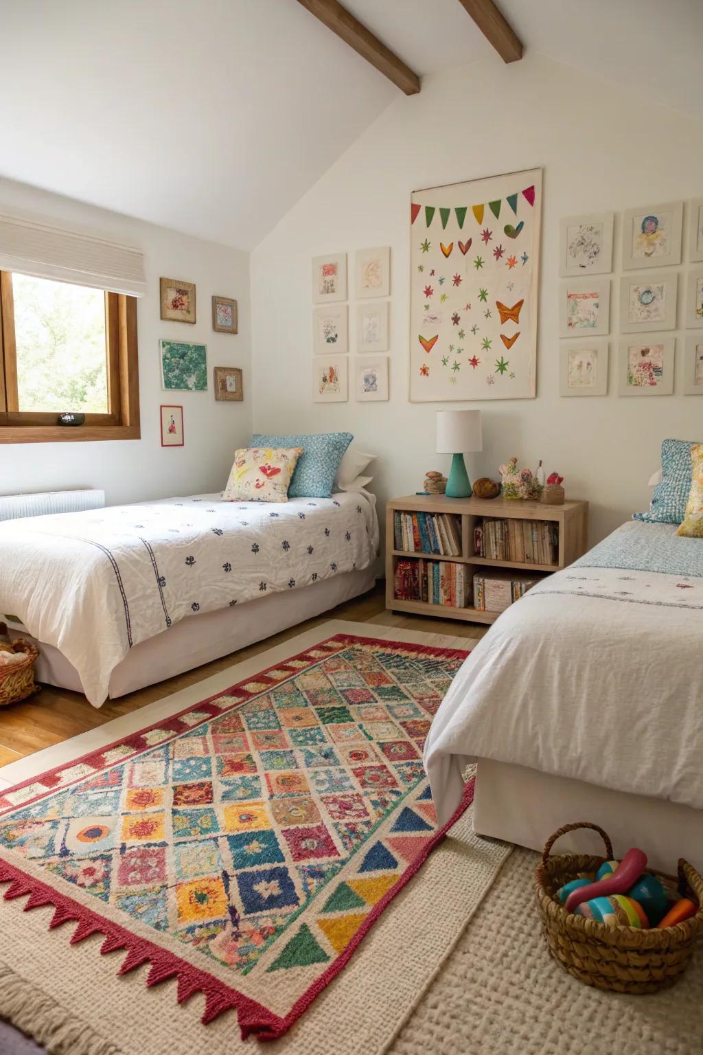 A floor rug serves as a simple and effective space divider.