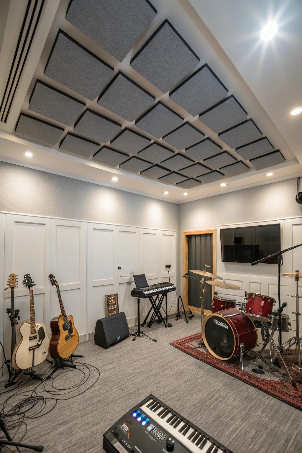 Functional sound-absorbing panels within a stylish music chamber.