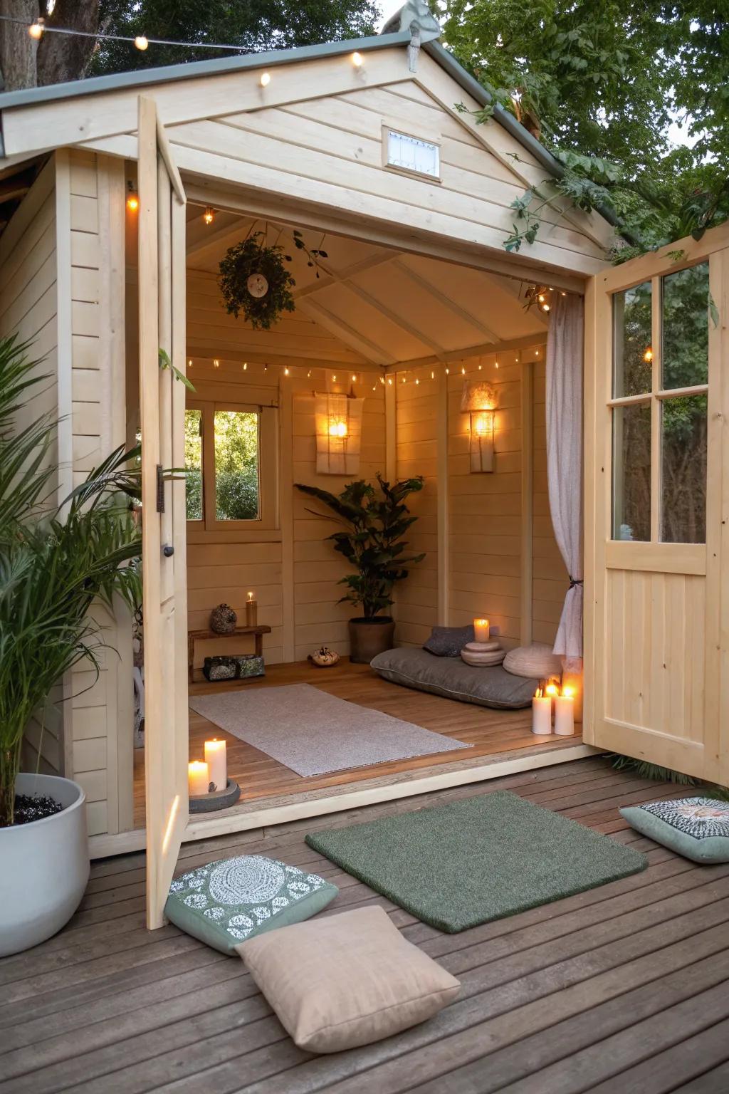 A garden shed reinvented as a tranquil meditative sanctuary.