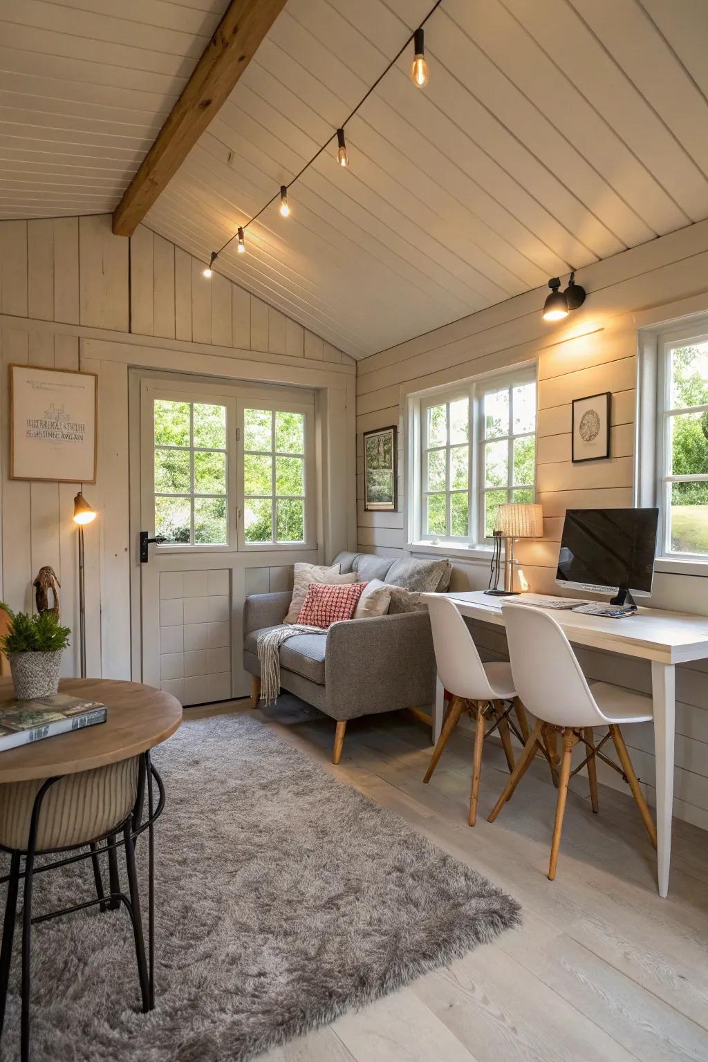 A chic garden shed home interior styled for short-term rental appeal.