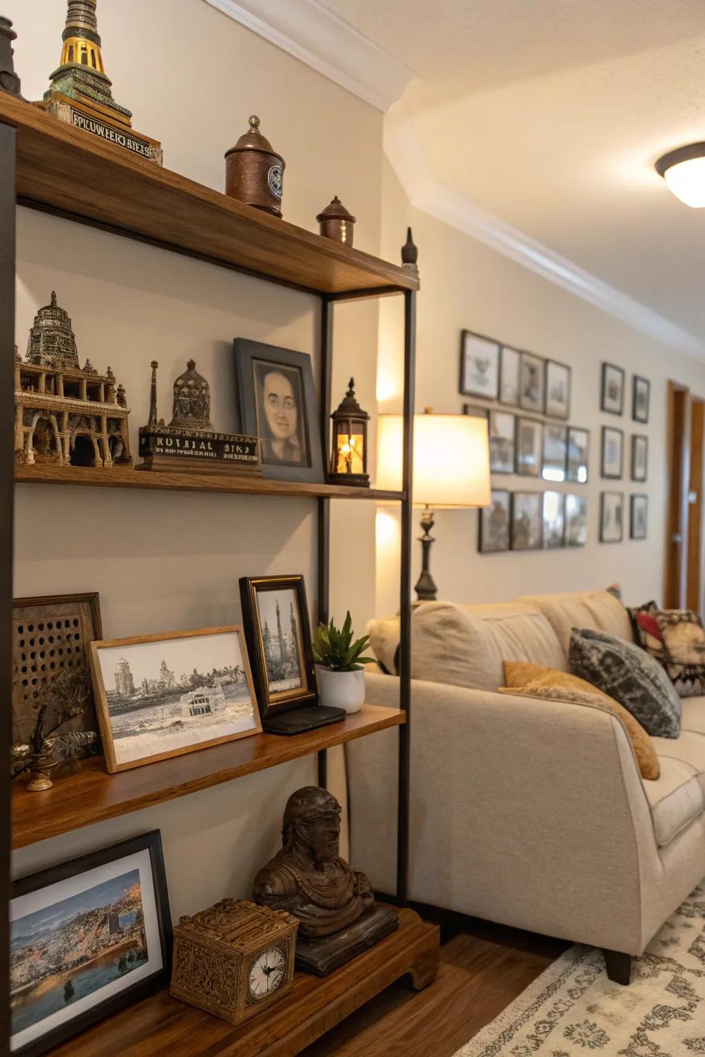 Personal mementos inject a narrative to your display shelf presentations.