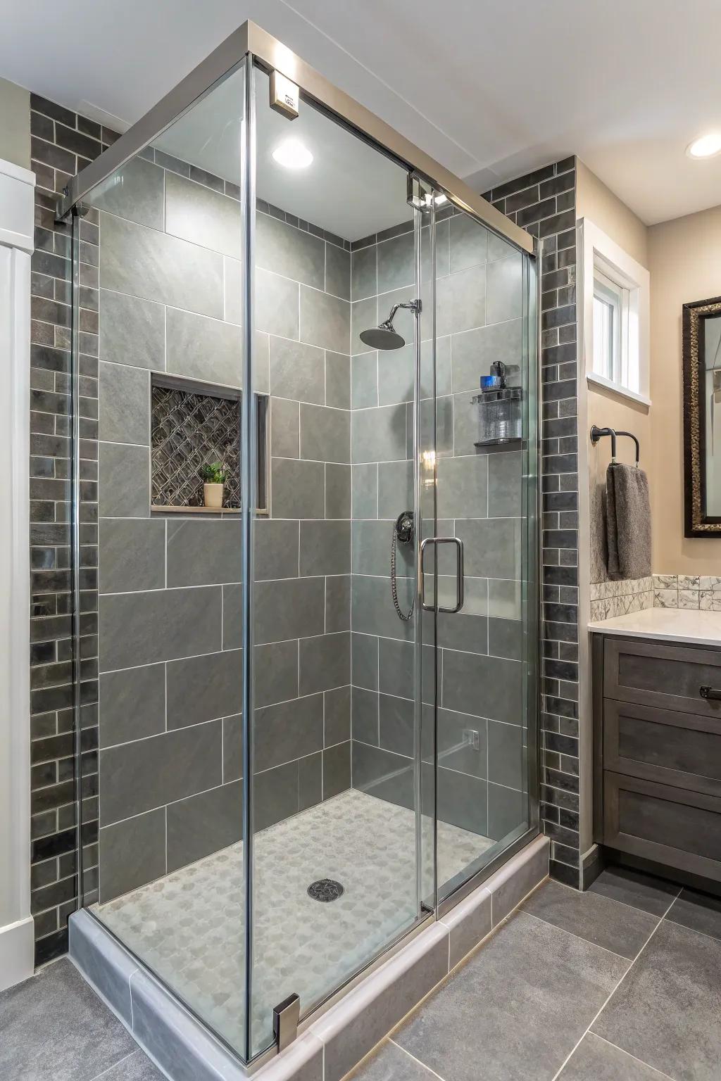 Eclectic mix of materials featuring grey tiles.