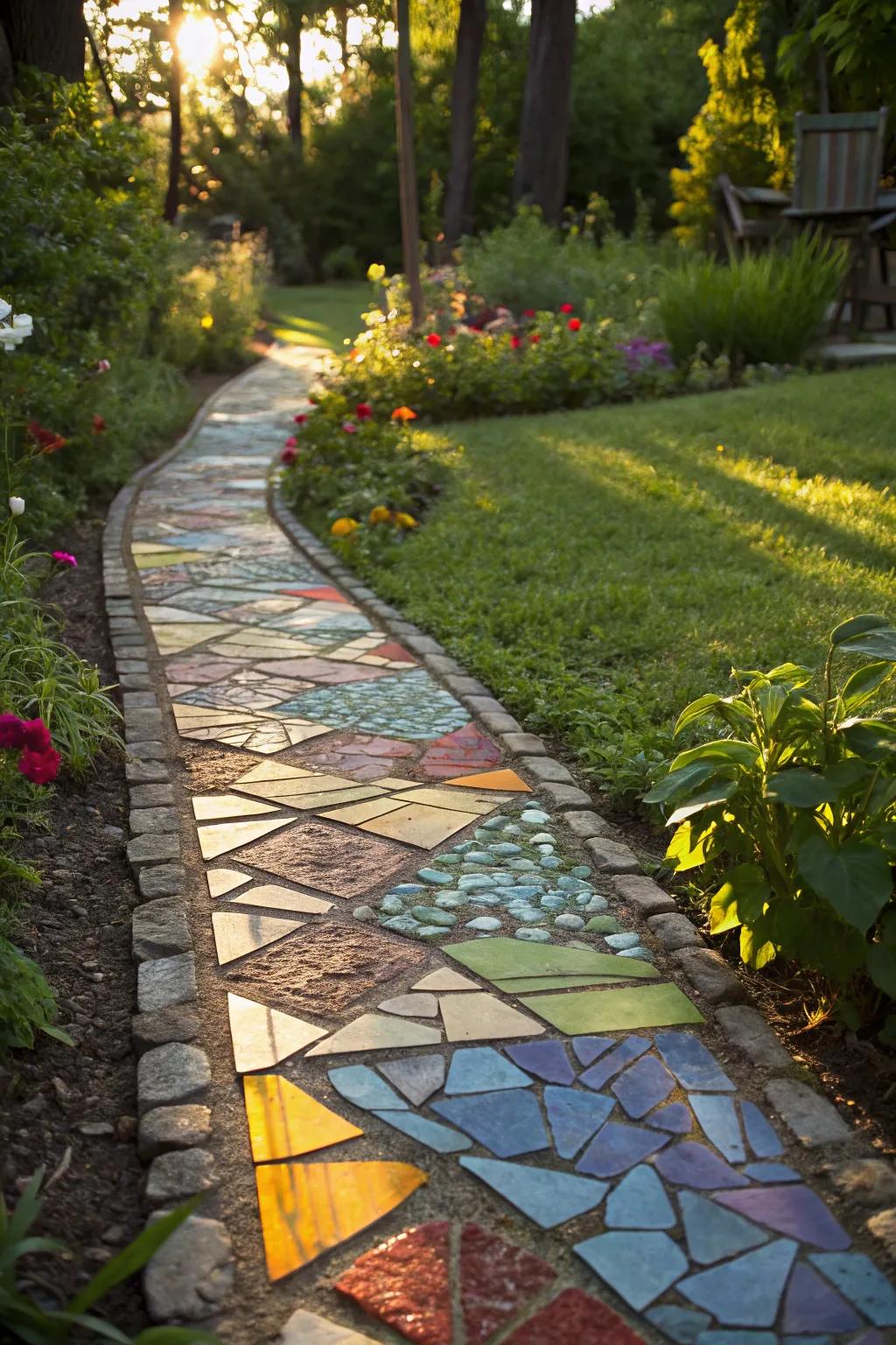Mosaic glass paths fashion a shimmering, vibrant walkway.
