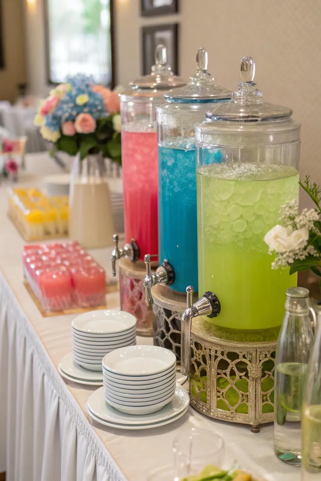 Invigorating refresher dispensers injecting hue and hydration into the celebration.