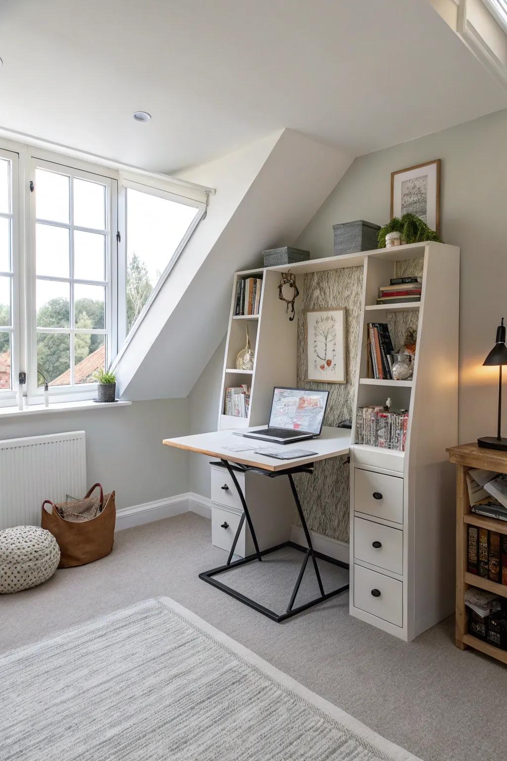 Adaptable furniture tailors to your needs in slanted rooms.