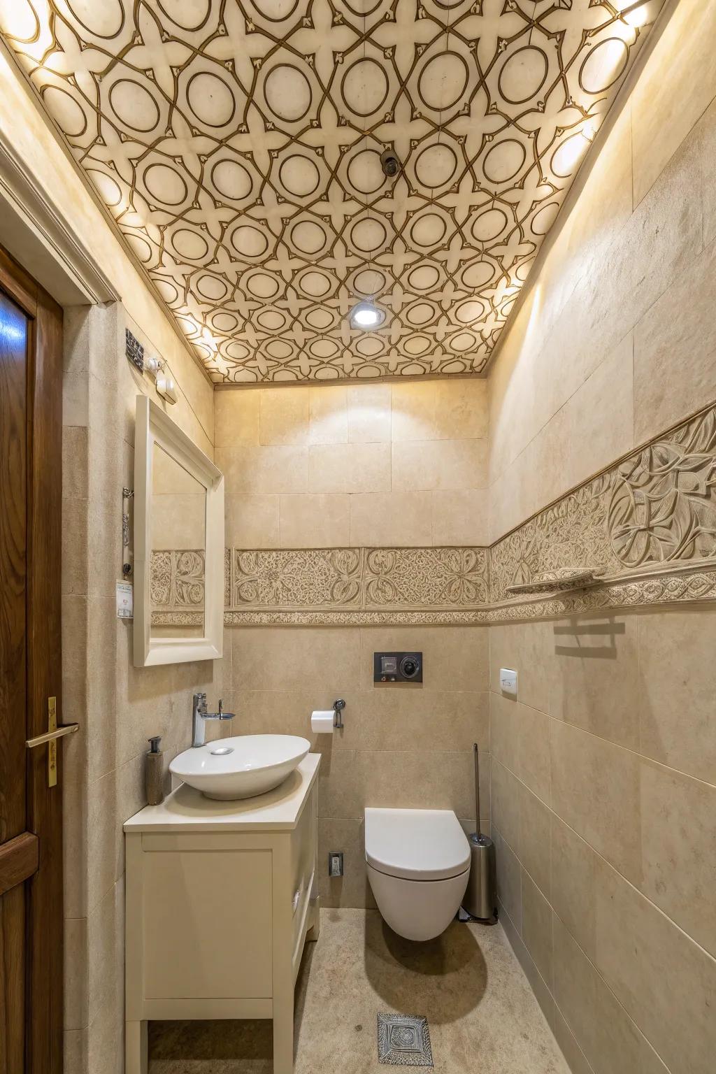 A small bathroom exhibiting a creatively styled ceiling.