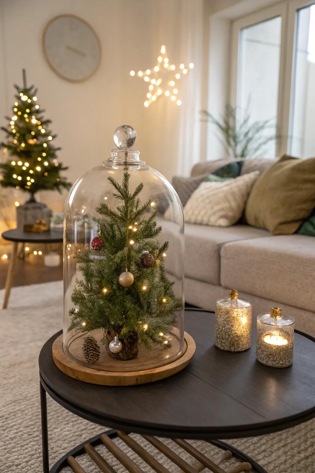 A glass cloche surrounds a small tree, creating a whimsical winter wonderland.