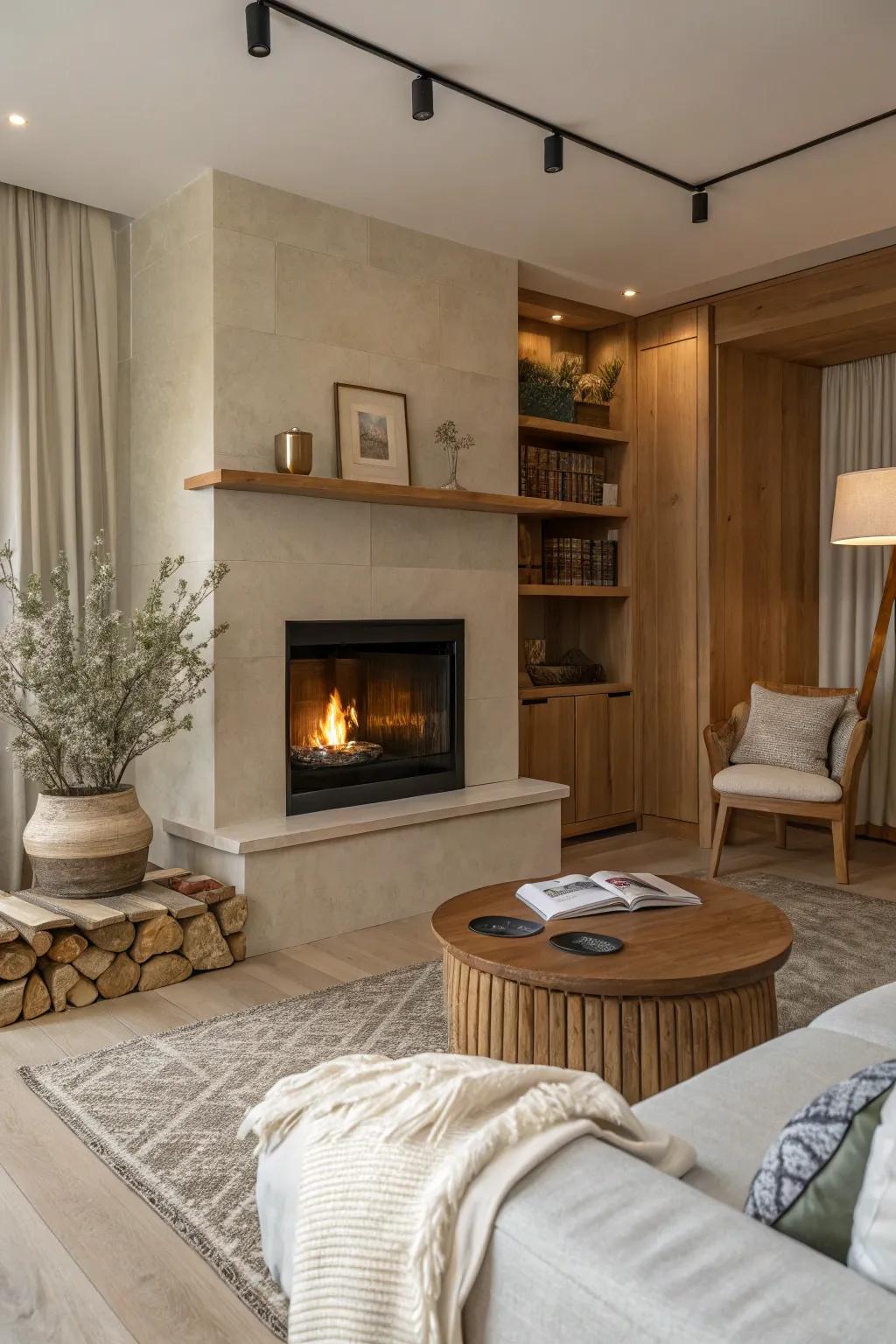 A concealed fireplace integrates effortlessly, keeping a clean look.