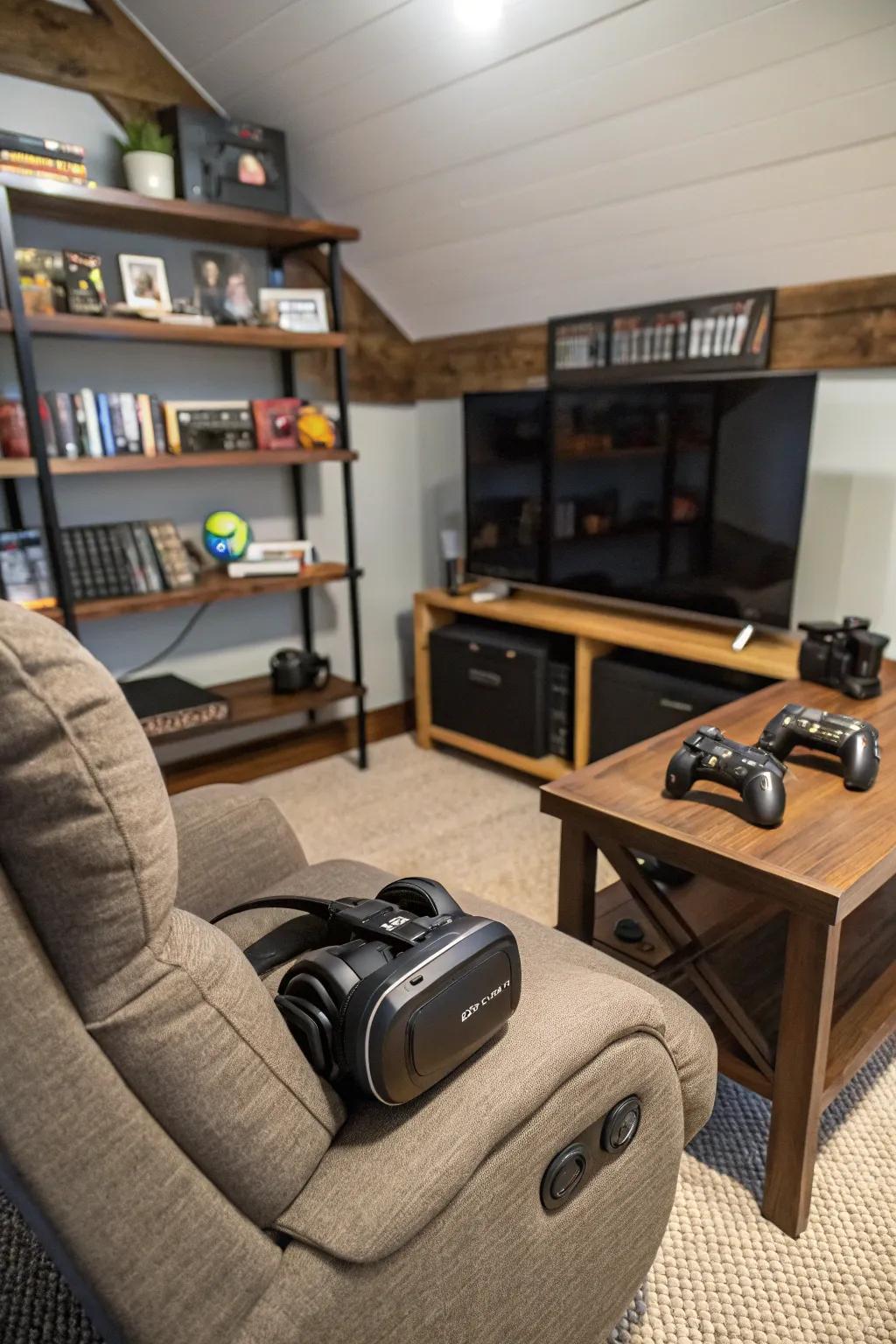 A virtual reality arrangement transforms the area into an immersive portal to alternate realms.