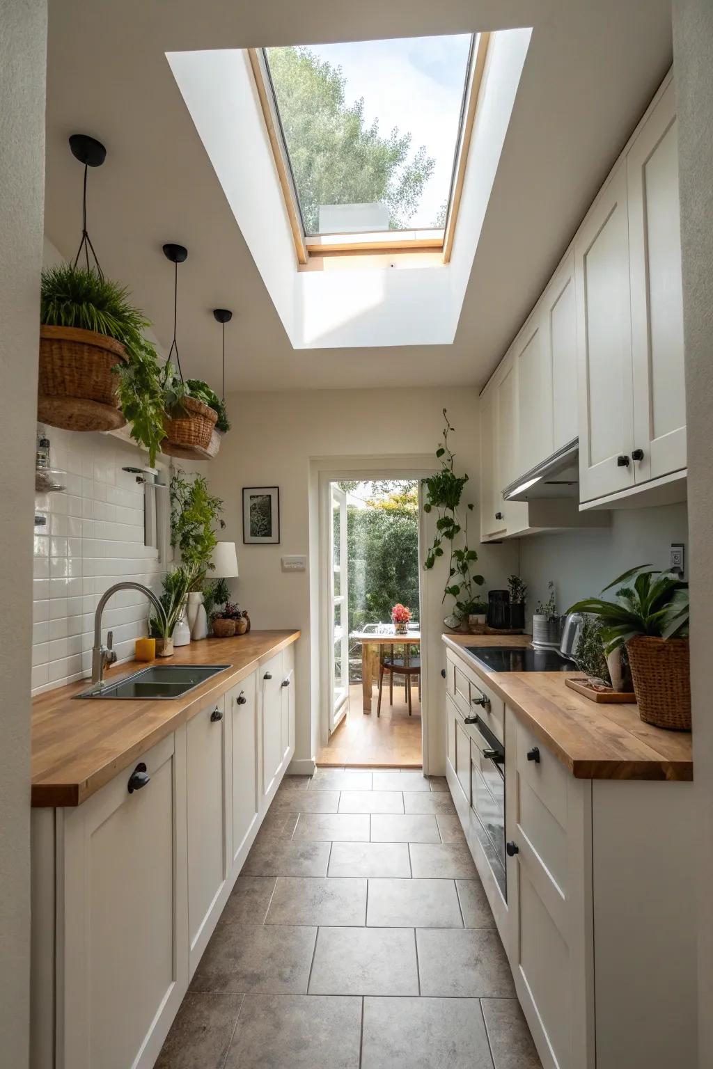 An overhead window introduces an airy and bright atmosphere to this cooking area.