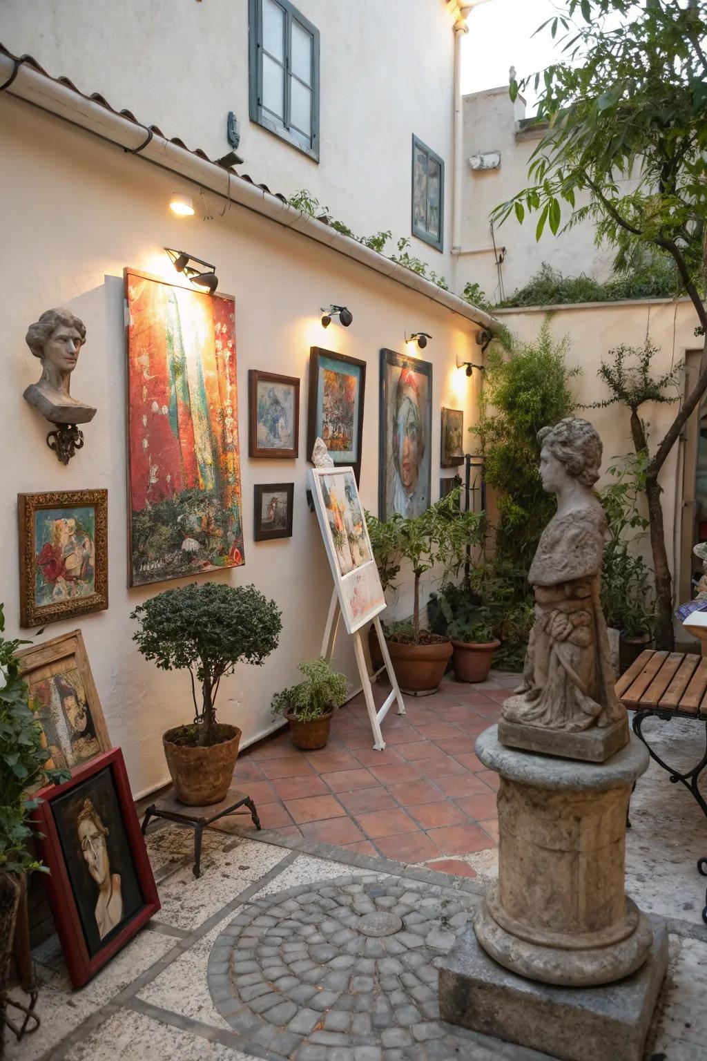A small patio transformed into a vibrant outdoor art space.