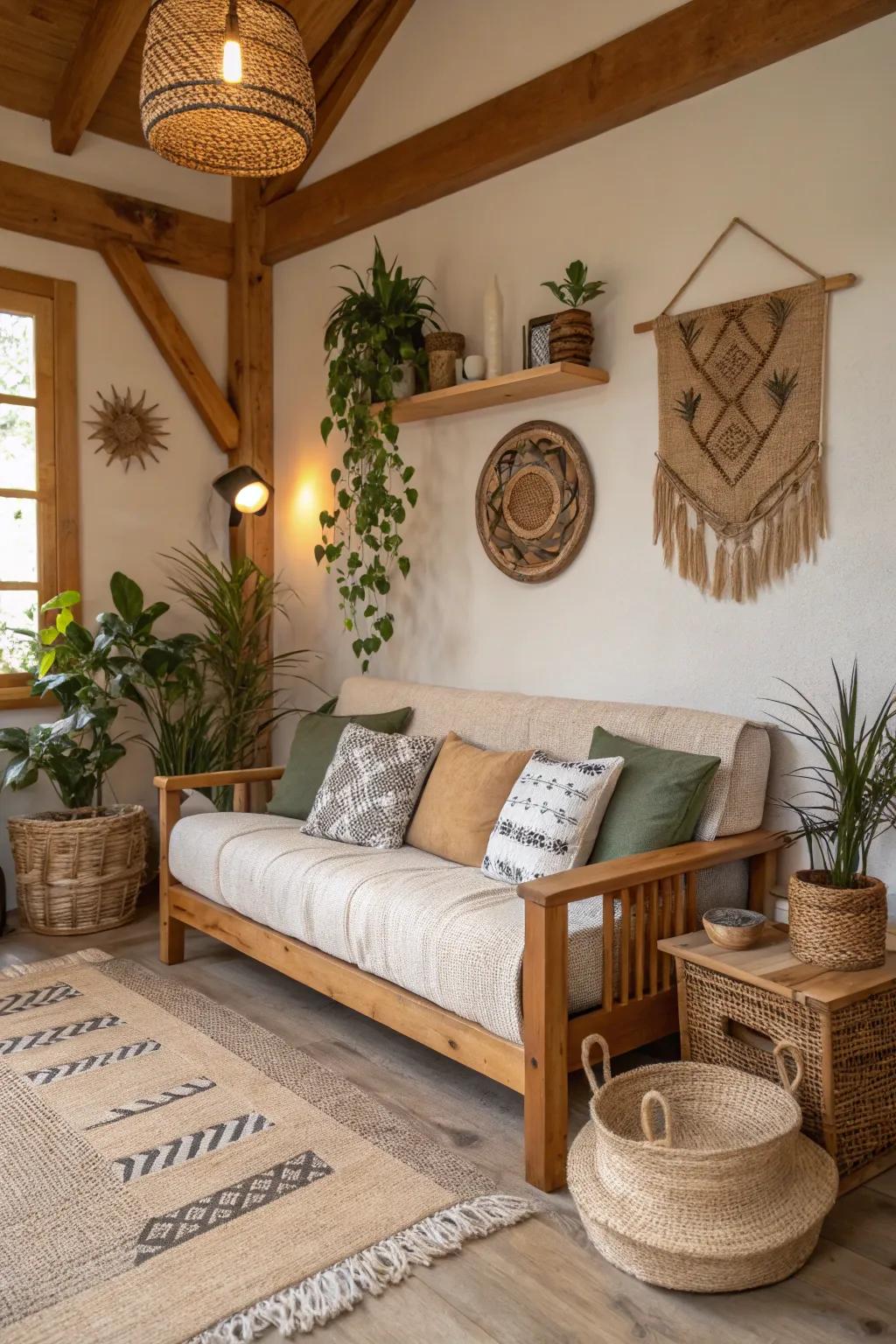 A couch with wooden accents imparts warmth to a petite living area.