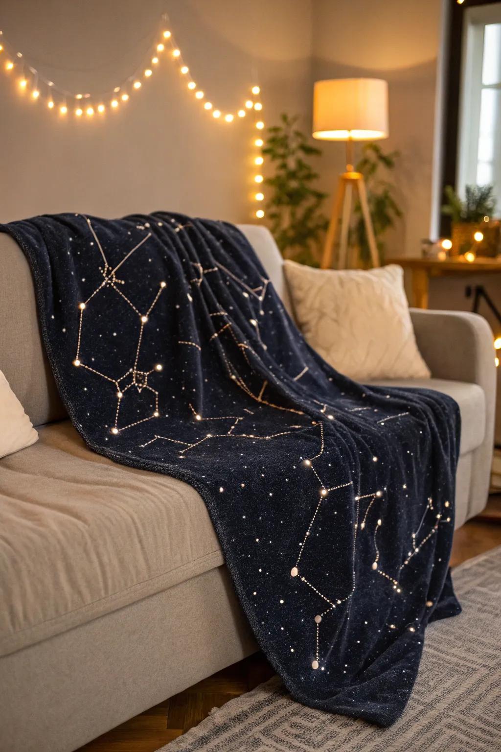 A throw featuring constellations which adds warmth and cosmic charm.