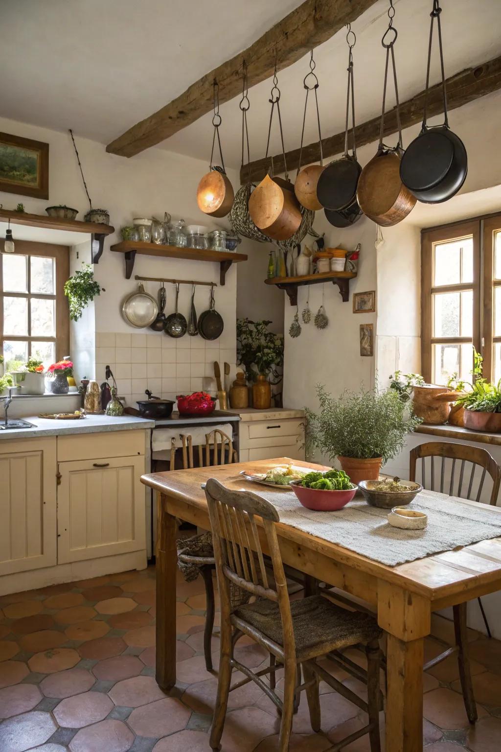 Functional ornamentation contributes practicality and style to the cooking space.