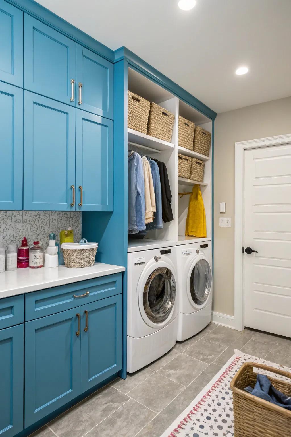 Colorful cupboards bring energy and style to your washing area.