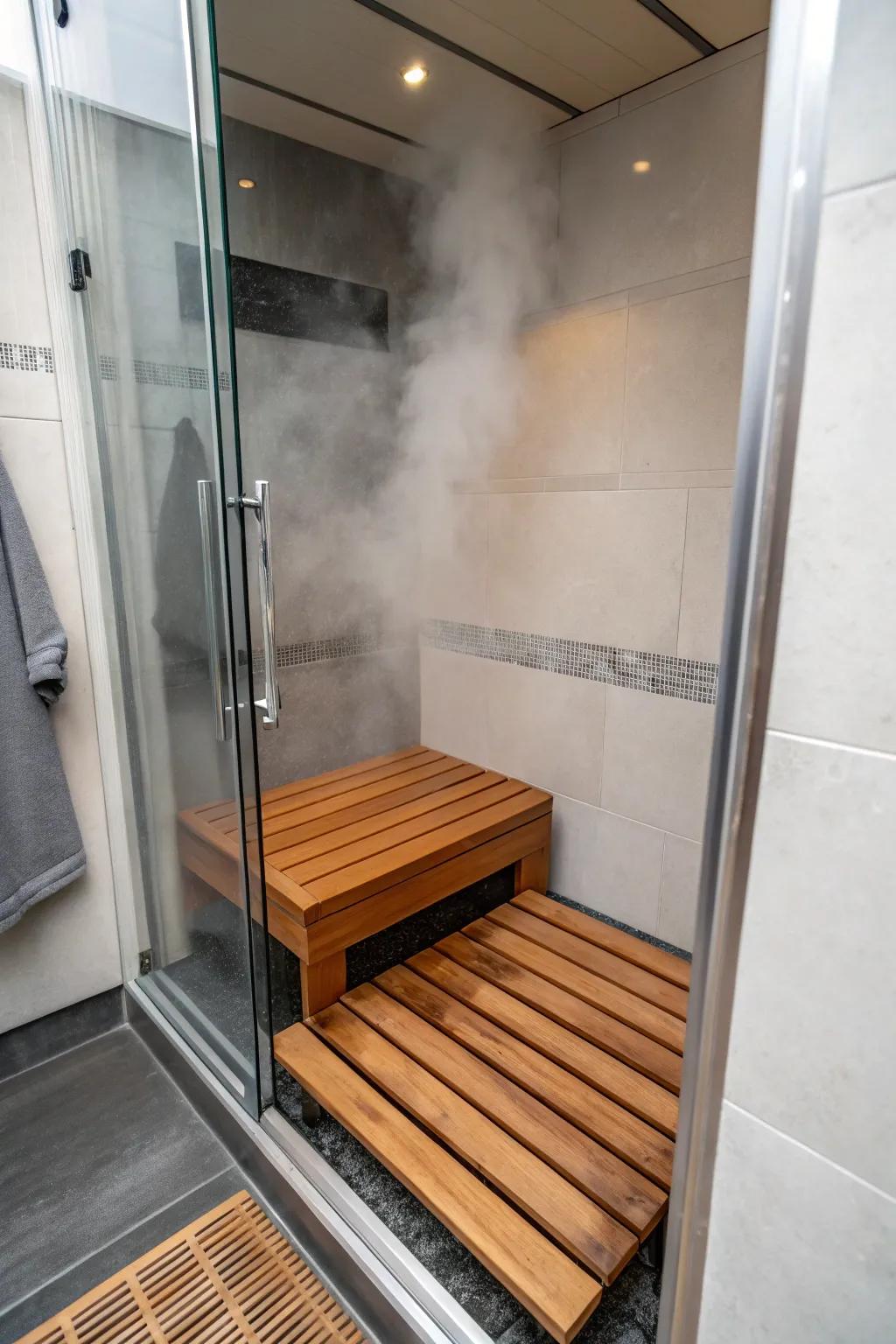 Folding seats offer space-conscious comfort while in steam showers.