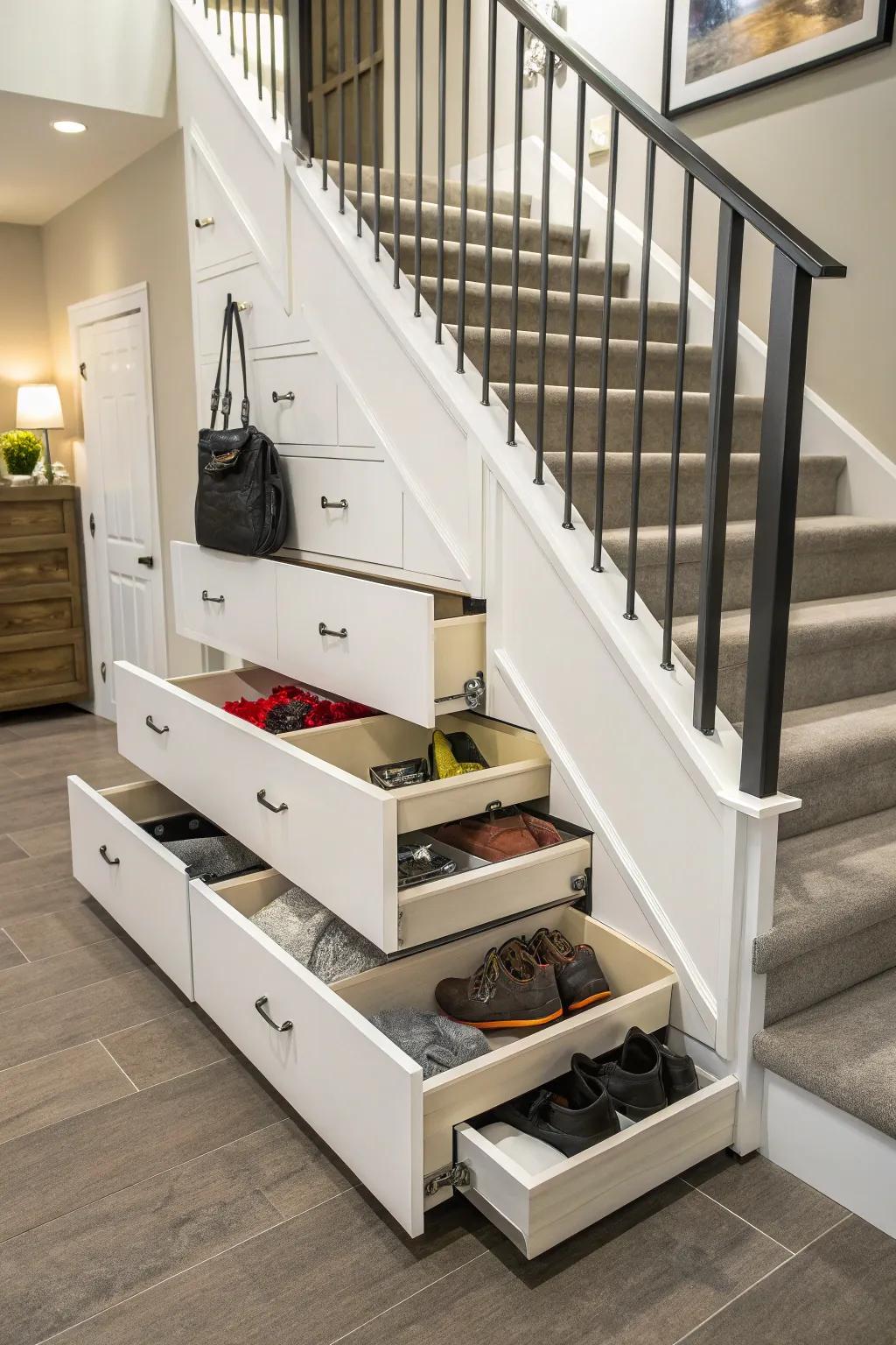 A staircase fitted with pull-out drawers.